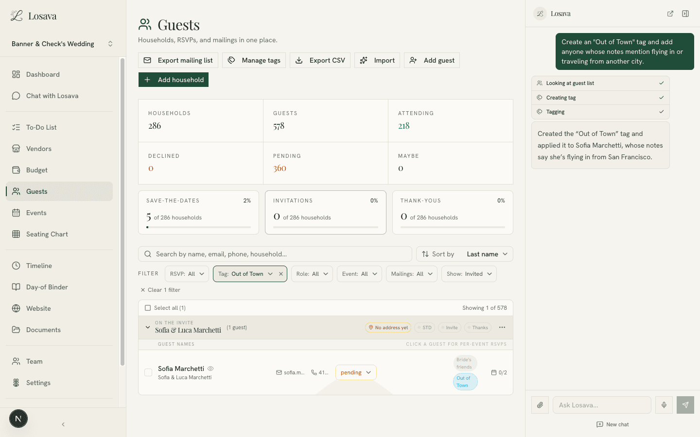 Losava's guest manager showing an AI assistant creating an Out of Town tag and applying it to a guest
