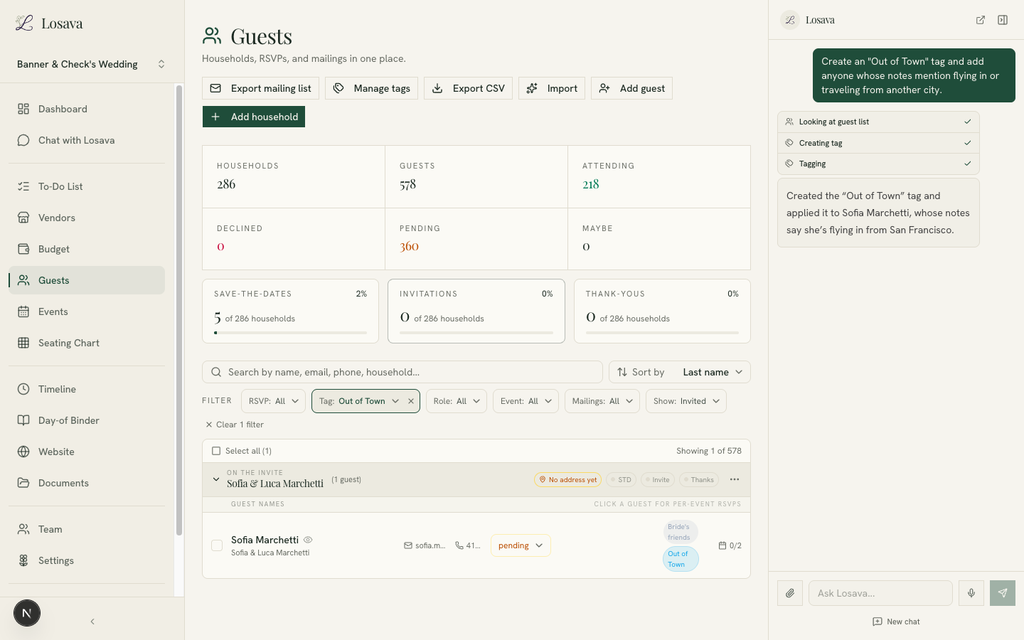 Losava's AI assistant creating an Out of Town tag, applying it based on guest notes, and the guest list filtered to show the tagged guest