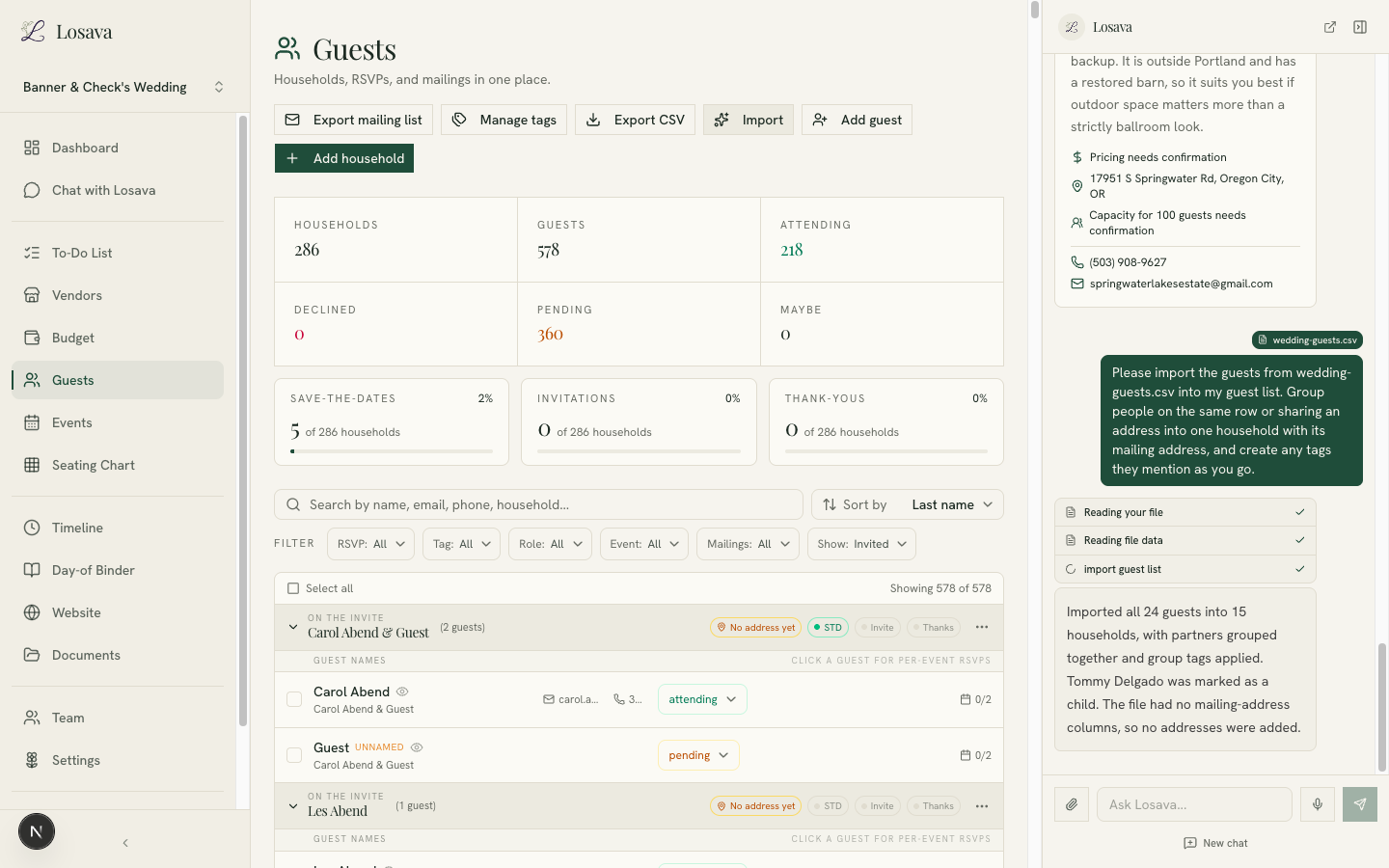Losava's AI importing a guest list from a CSV file, showing progress steps and a summary of 24 guests imported into 15 households with tags applied