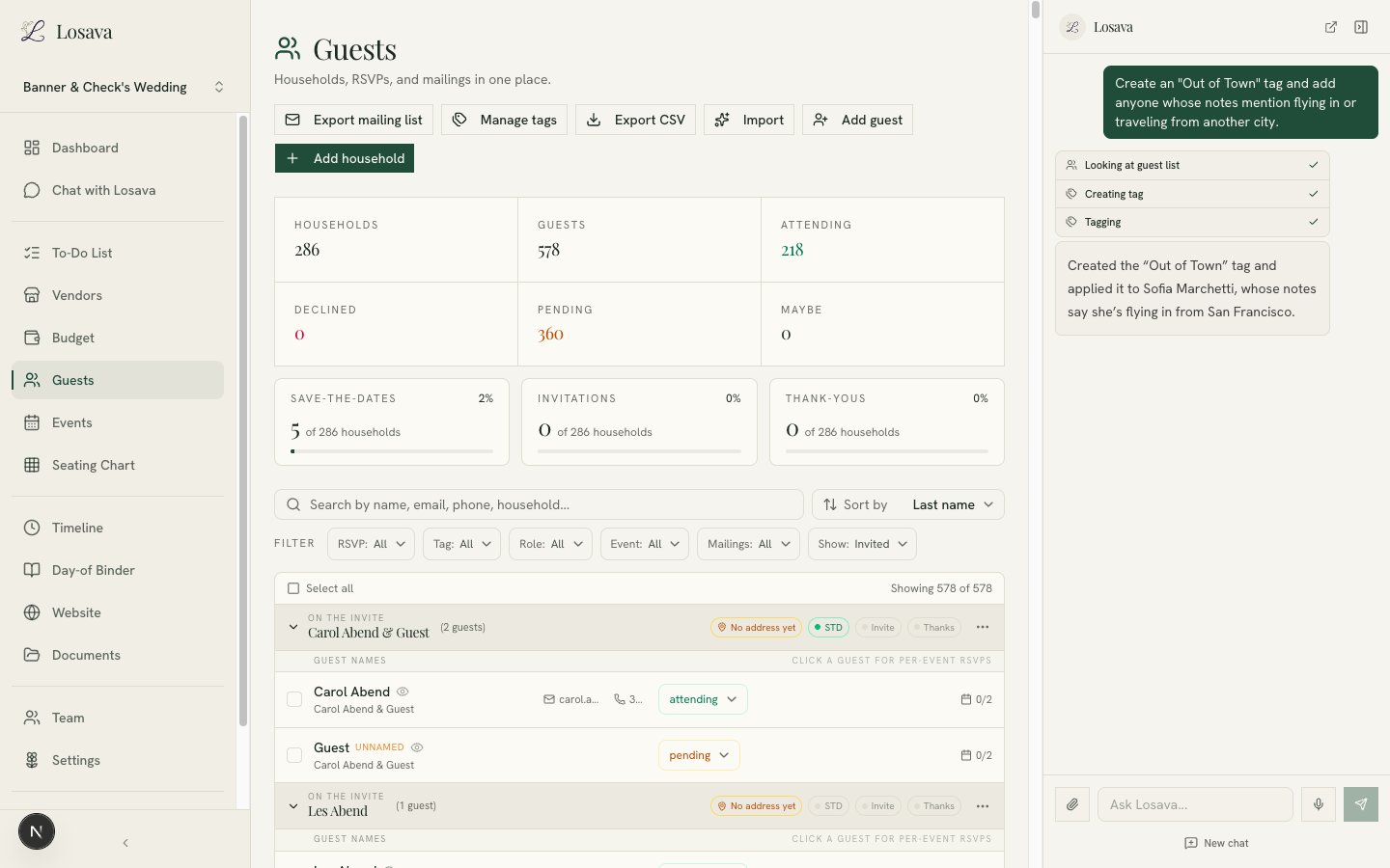 Losava's guest manager overview showing 286 households, 578 guests, RSVP counts, and save-the-date, invitation, and thank-you progress