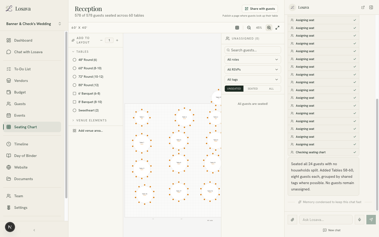 Losava's seating chart after the AI assistant seated all 24 guests, showing a checklist of completed seat assignments and a summary reporting three new tables